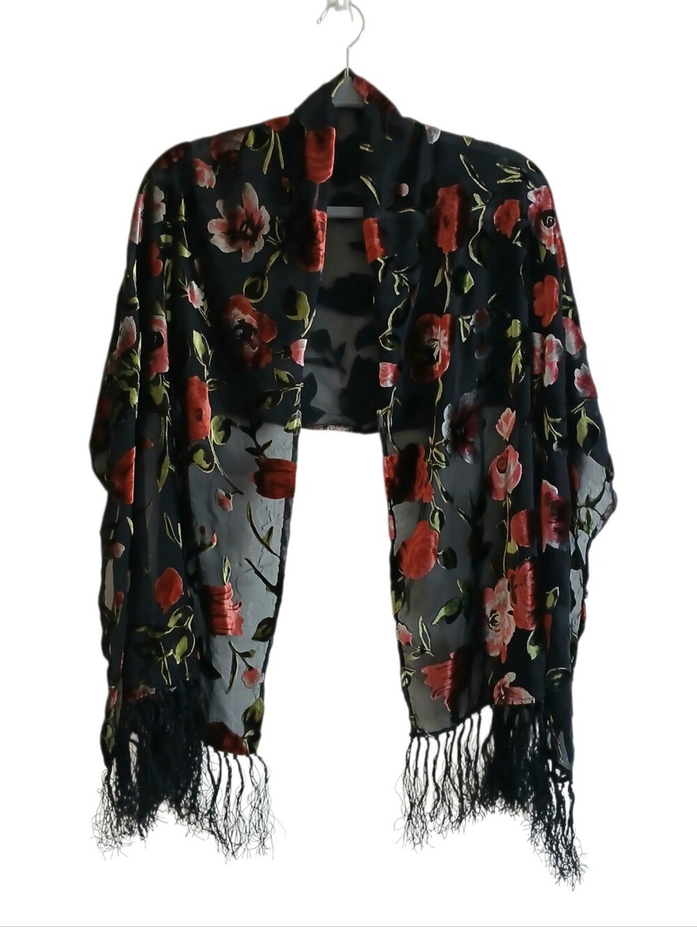 100% SILK Velvet Burnout Roses Knotted Fringe Rectangle Piano Shawl Sheer Wrap - Picture 2 of 9